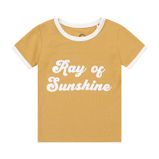 the "ray of sunshine" terry tee. this is a yellow shirt with white letters. 