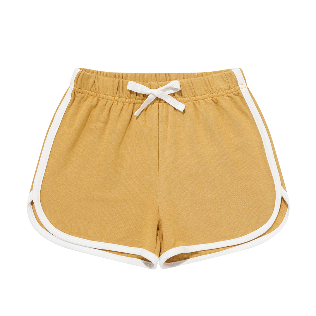 these are the "golden sunshine" terry track shorts. they are a mustard, golden yellow. they are outlined in white. 