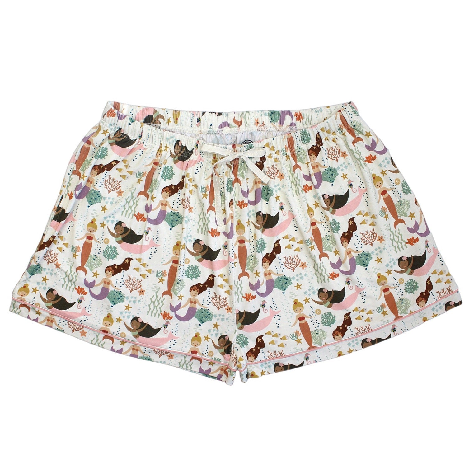 the "making waves" women's shorts. the "making waves" print has a diverse spread of mermaids, sea coral, starfish, fish, and bubbles all spread out in different colors. this is all put on a beige background.