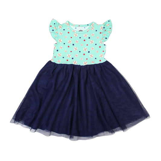 the "baseball buddies" twirl dress has the "baseball buddies" print on the top half and a navy skirt for the bottom half. the "baseball buddies" print is a combination of baseballs, red stars, and blue stars scattered across a teal background. 