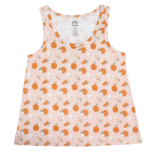 the "freshly squeezed" bamboo tank top. the "freshly squeezed" print has an assortment of full and half cut oranges scattered around. there is also flower heads and flower stems that intermingle within the print. this is all space out around a pink background space. 