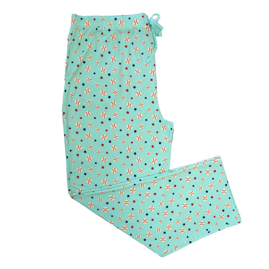 the "baseball buddies" relaxed bamboo pants. the "baseball buddies" print is a combination of baseballs, red stars, and blue stars scattered across a teal background. 