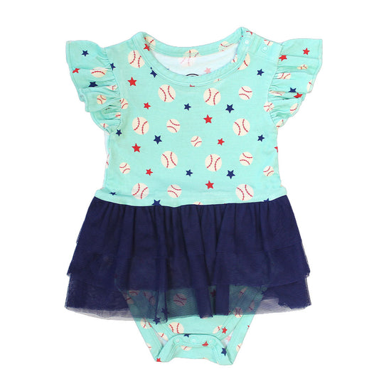the "baseball buddies" skirted onesie. this onesie has the "baseball buddies print with a navy skirt. the "baseball buddies" print is a combination of baseballs, red stars, and blue stars scattered across a teal background. 