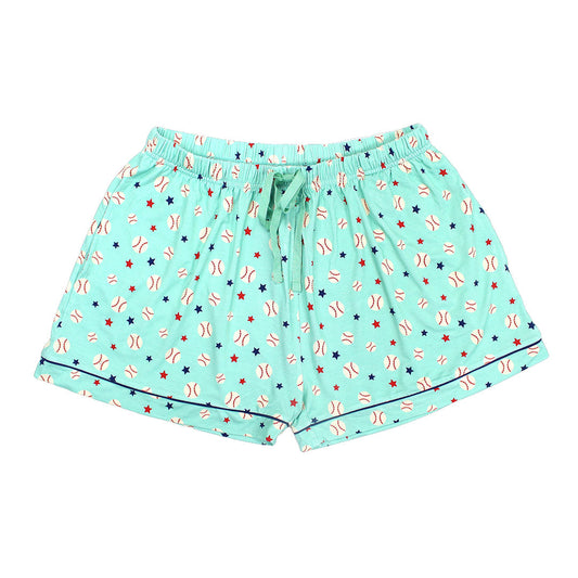 the "baseball buddies" women's shorts. the "baseball buddies" print is a combination of baseballs, red stars, and blue stars scattered across a teal background. 