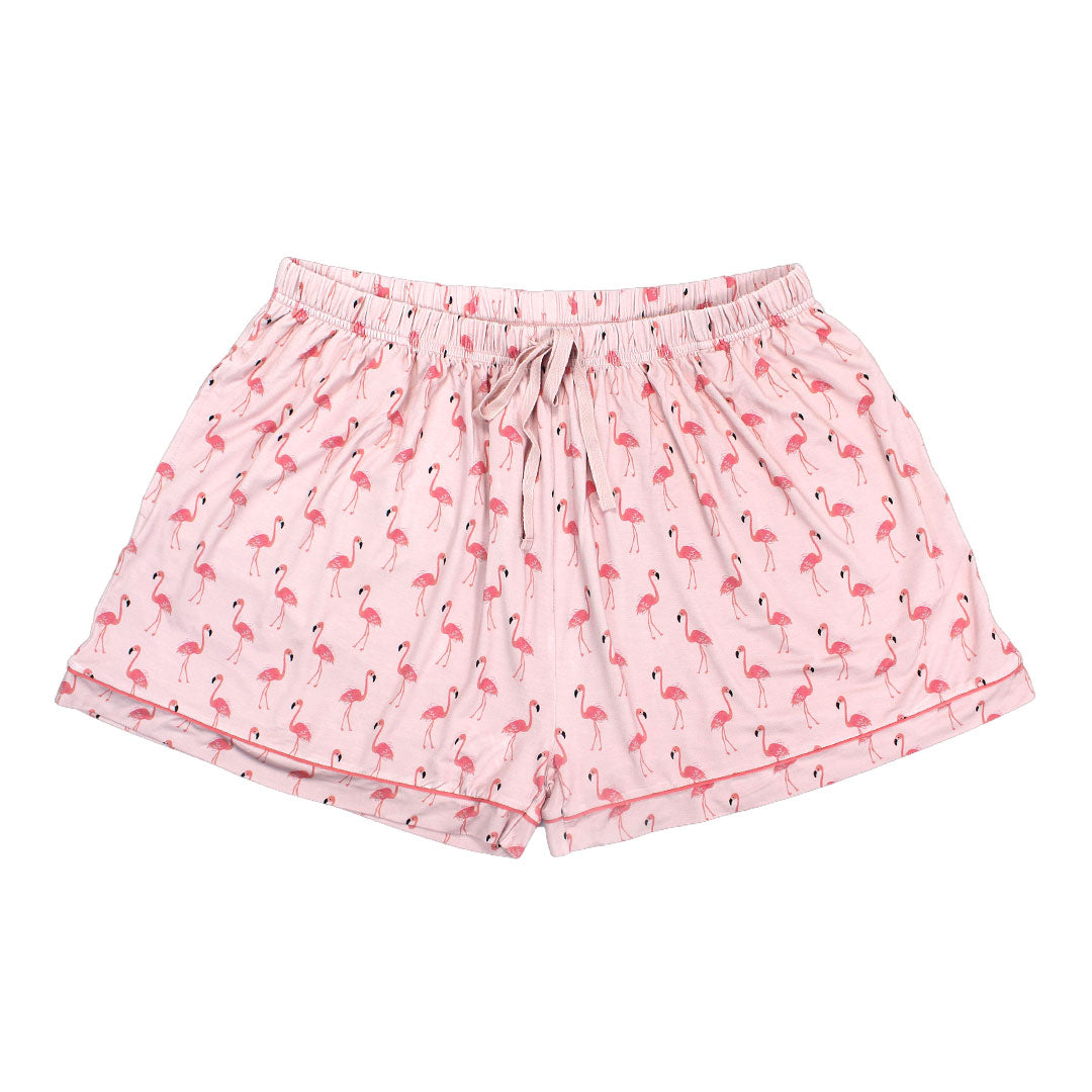 the "fancy flamingos" women's shorts. the "fancy flamingos" print is a pattern of multiple pink flamingoes scattered around the print. 