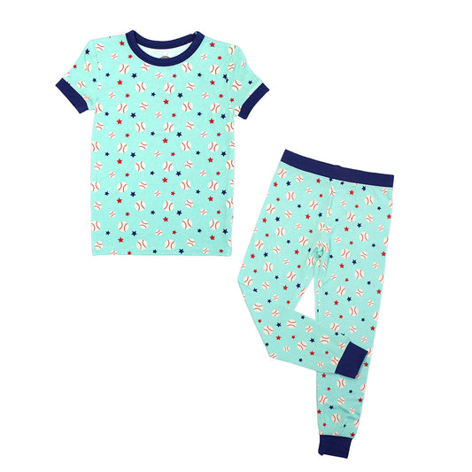 the "baseball buddies" 2-piece matching pajama set. the "baseball buddies" print is a combination of baseballs, red stars, and blue stars scattered across a teal background. 