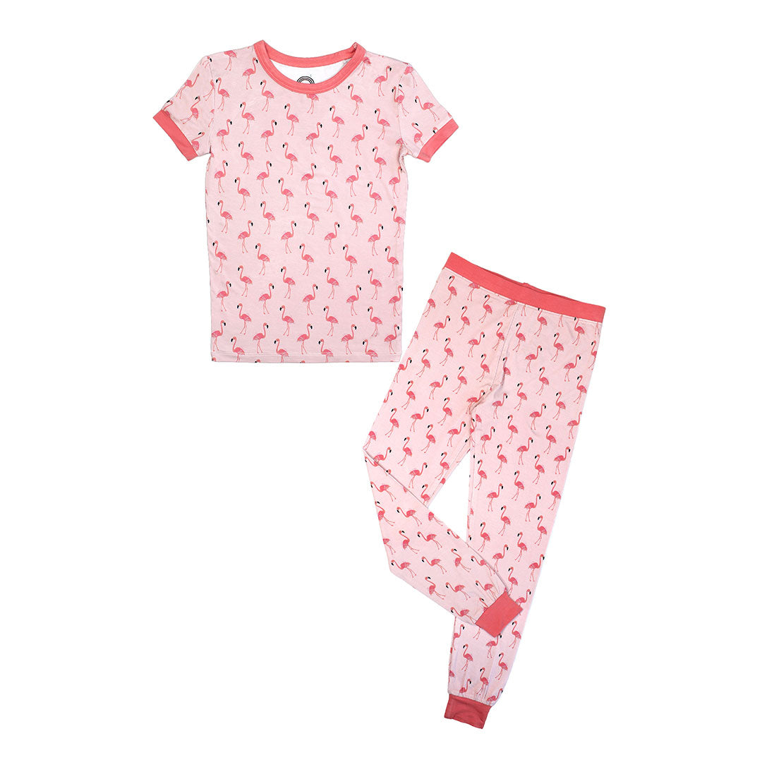 the "fancy flamingos" matching 2 piece pajama set. the "fancy flamingos" print is a pattern of multiple pink flamingoes scattered around the print. 