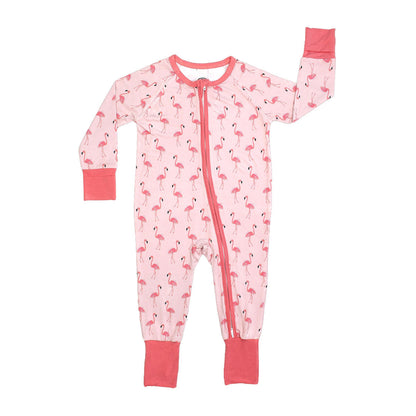 the "fancy flamingos" bamboo convertible. the "fancy flamingos" print is a pattern of multiple pink flamingoes scattered around the print. 