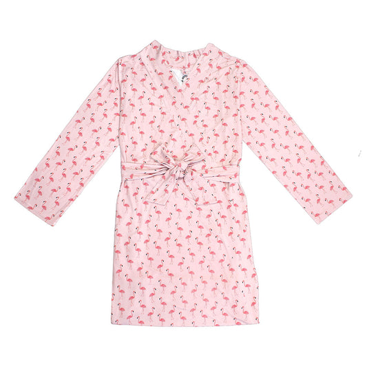 the "fancy flamingos" bamboo robe. the "fancy flamingos" print is a pattern of multiple pink flamingoes scattered around the print.  