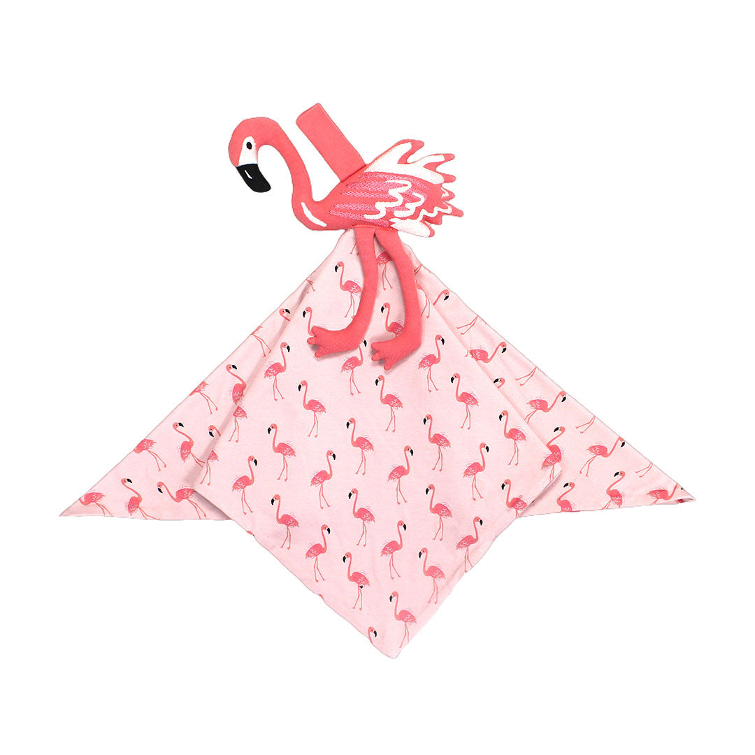 the "fancy flamingos" lovey. a flamingo sits on top of a "fancy flamingo" printed blanket. the "fancy flamingos" print is a pattern of multiple pink flamingoes scattered around the print.