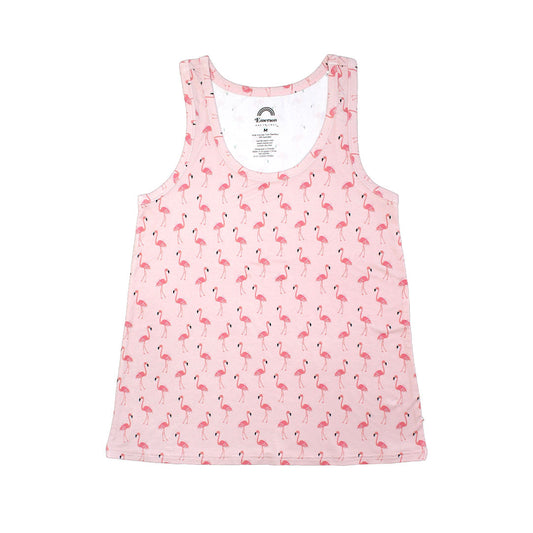 the "fancy flamingos" women's tank top. the "fancy flamingos" print is a pattern of multiple pink flamingoes scattered around the print. 