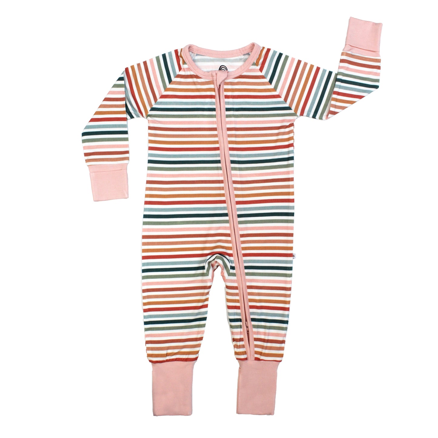 Striped baby onesie with pink accents on a white background