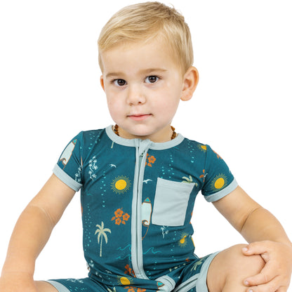 Close-up of Surf’s Up bamboo shortie romper with zipper and pocket
