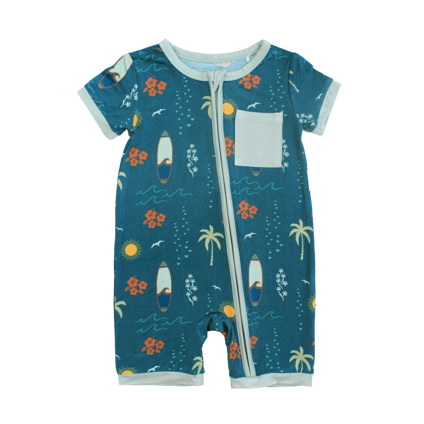 Surf’s Up bamboo baby shortie romper with surfboards and palm trees