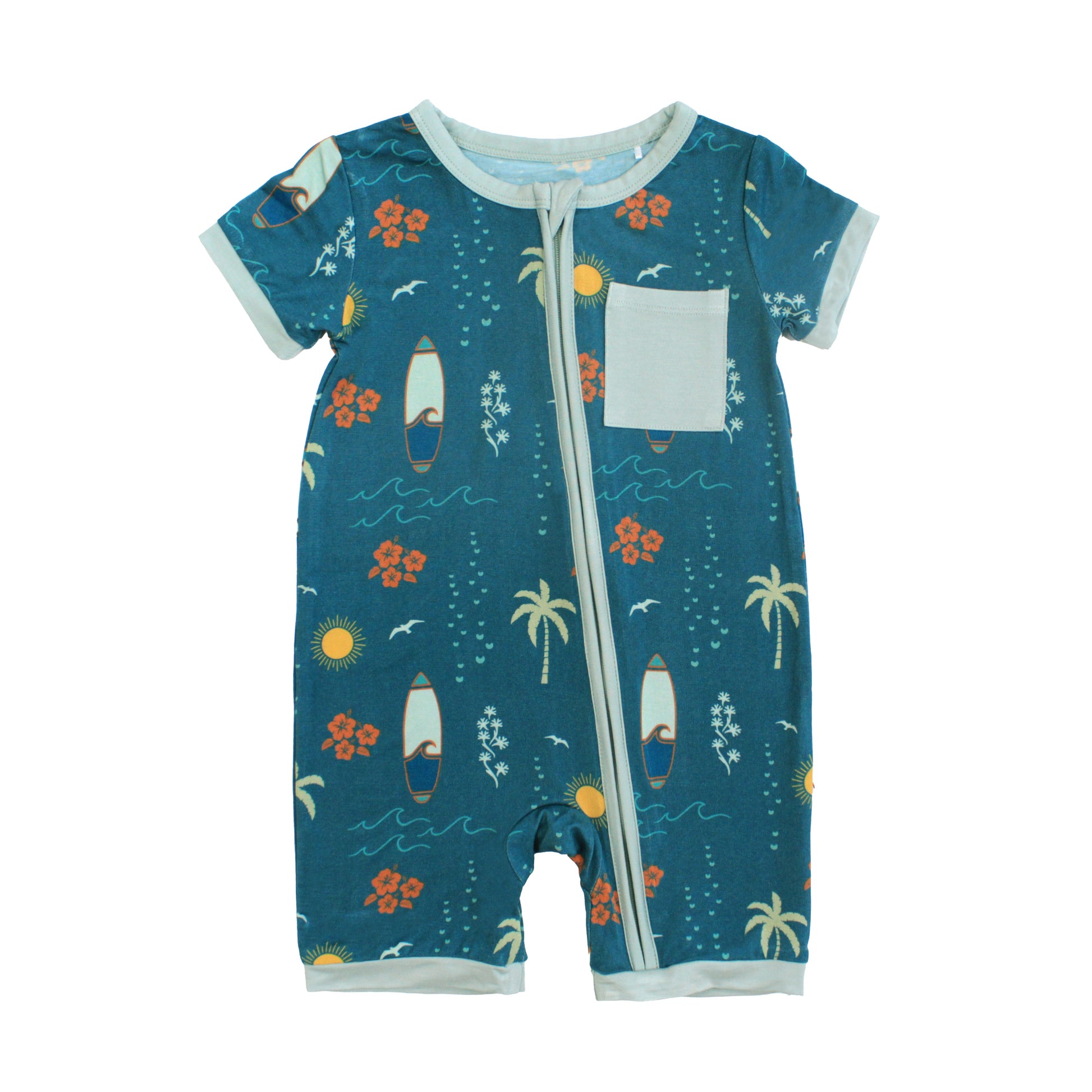 Surf’s Up bamboo baby shortie romper with surfboards and palm trees
