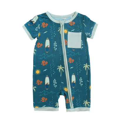 Surf’s Up bamboo baby shortie romper with surfboards and palm trees