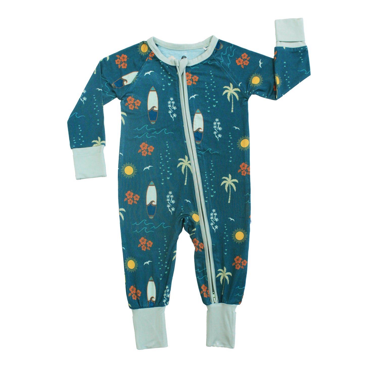 Surf’s Up bamboo baby zipper pajamas with surfboards and palm trees