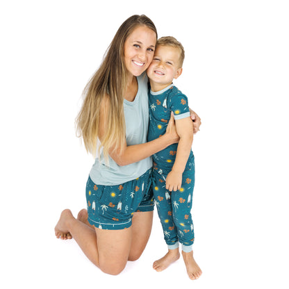Mom and child wearing Surf’s Up matching bamboo pajamas