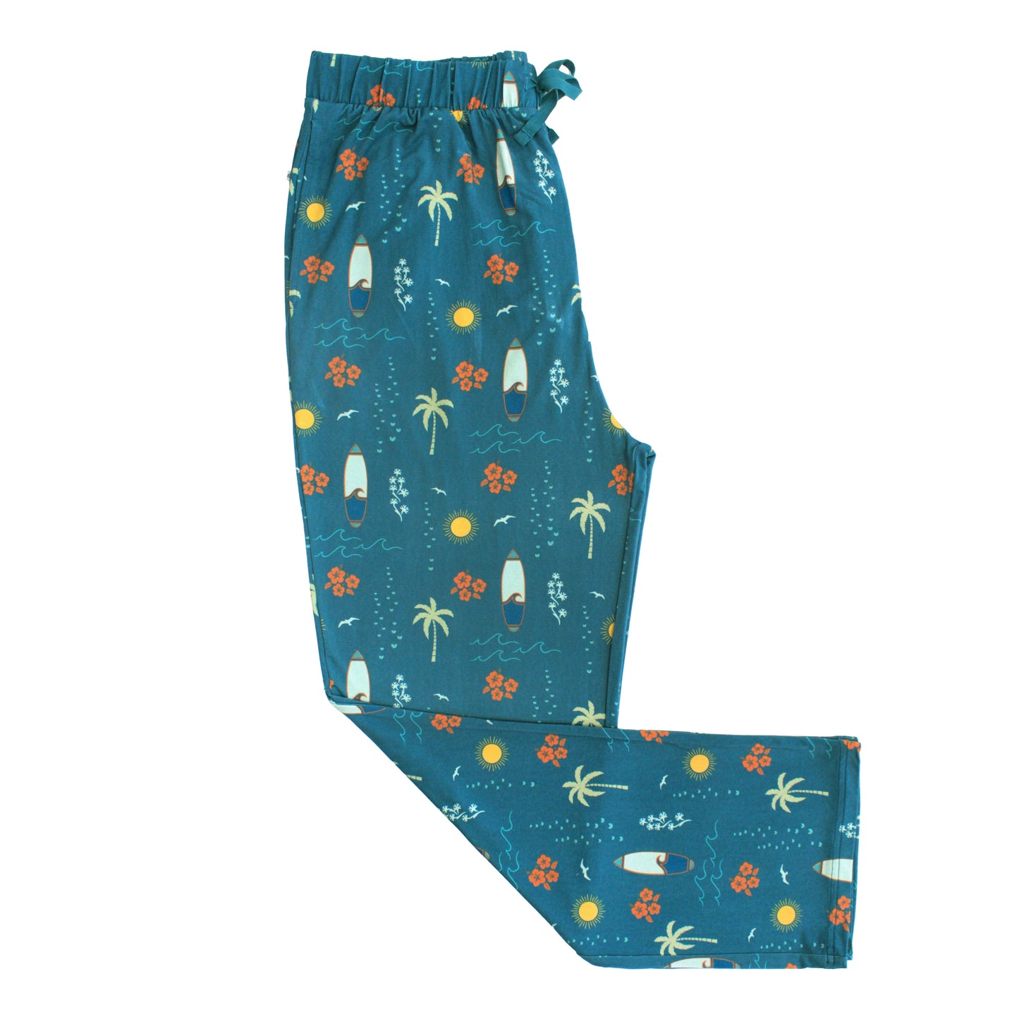 Surf’s Up bamboo men’s pajama pants with surfboards and palm trees