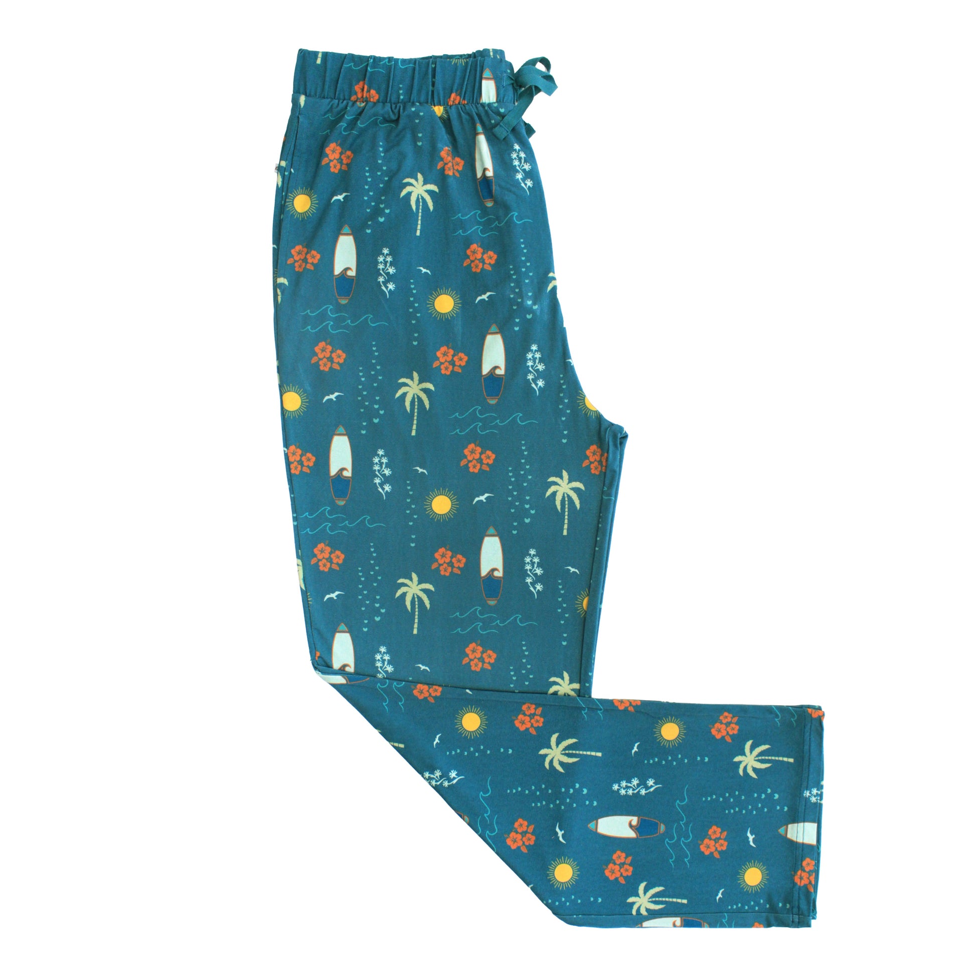 Surf’s Up bamboo men’s pajama pants with surfboards and palm trees