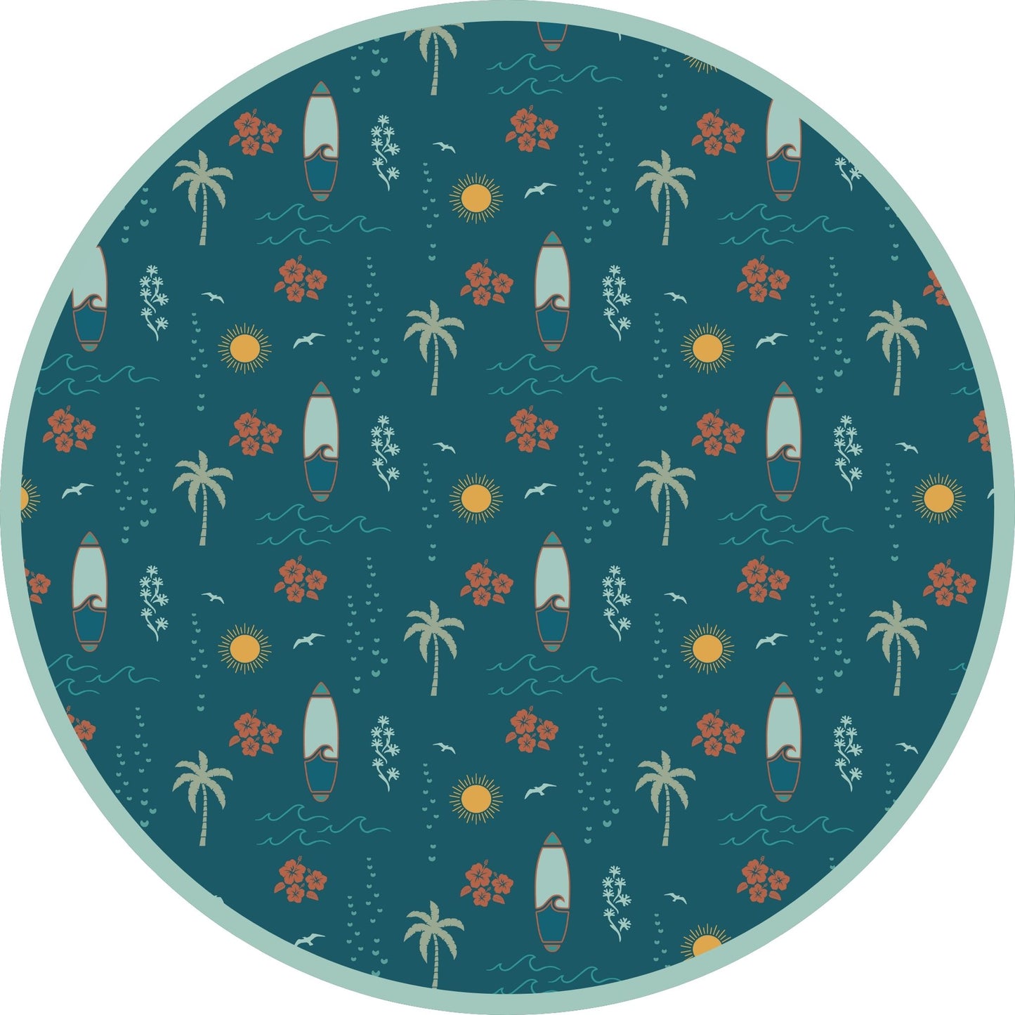 Surf’s Up print with surfboards, palm trees, and waves on teal background