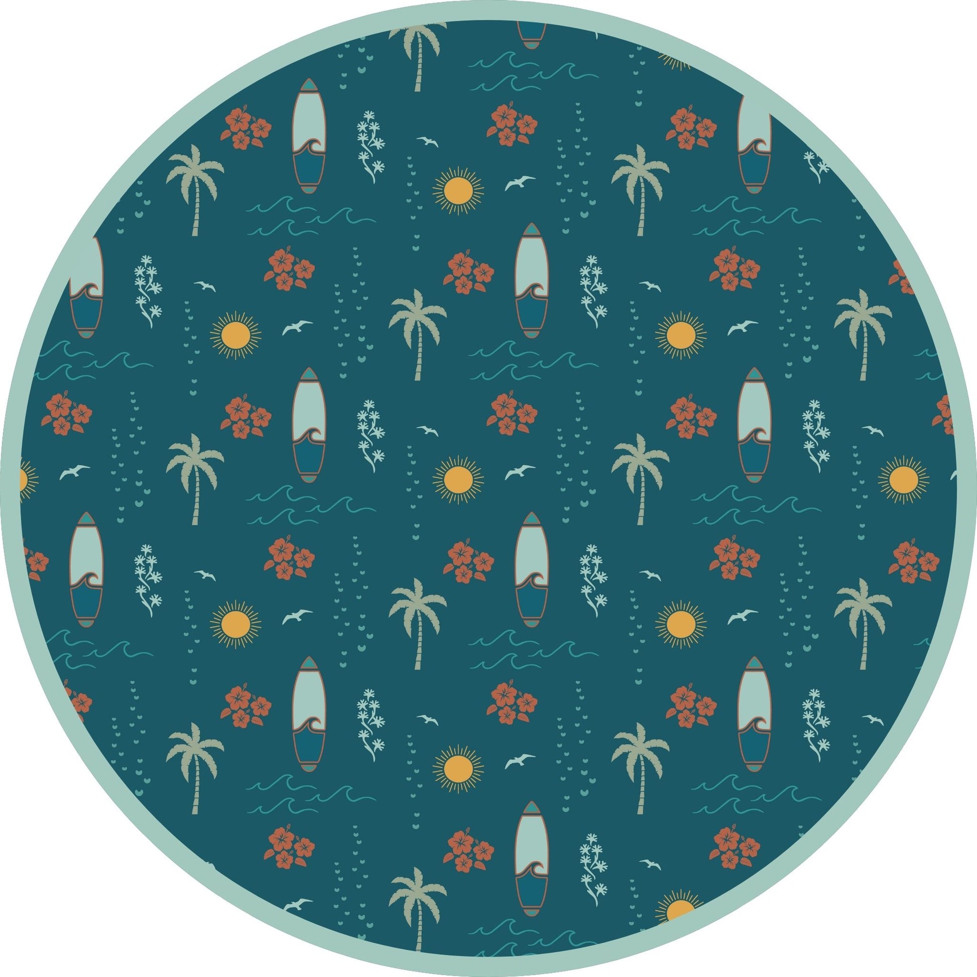 Surf’s Up print with surfboards, palm trees, and waves on teal background
