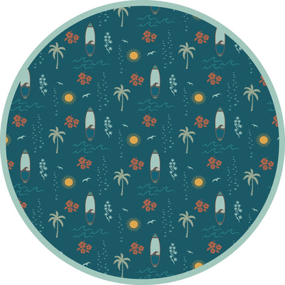 Surf’s Up print with surfboards, palm trees, and waves on teal background