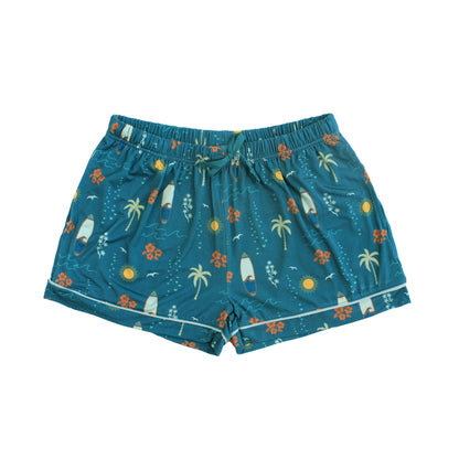 Surf’s Up bamboo women’s pajama shorts with surfboards and palm trees