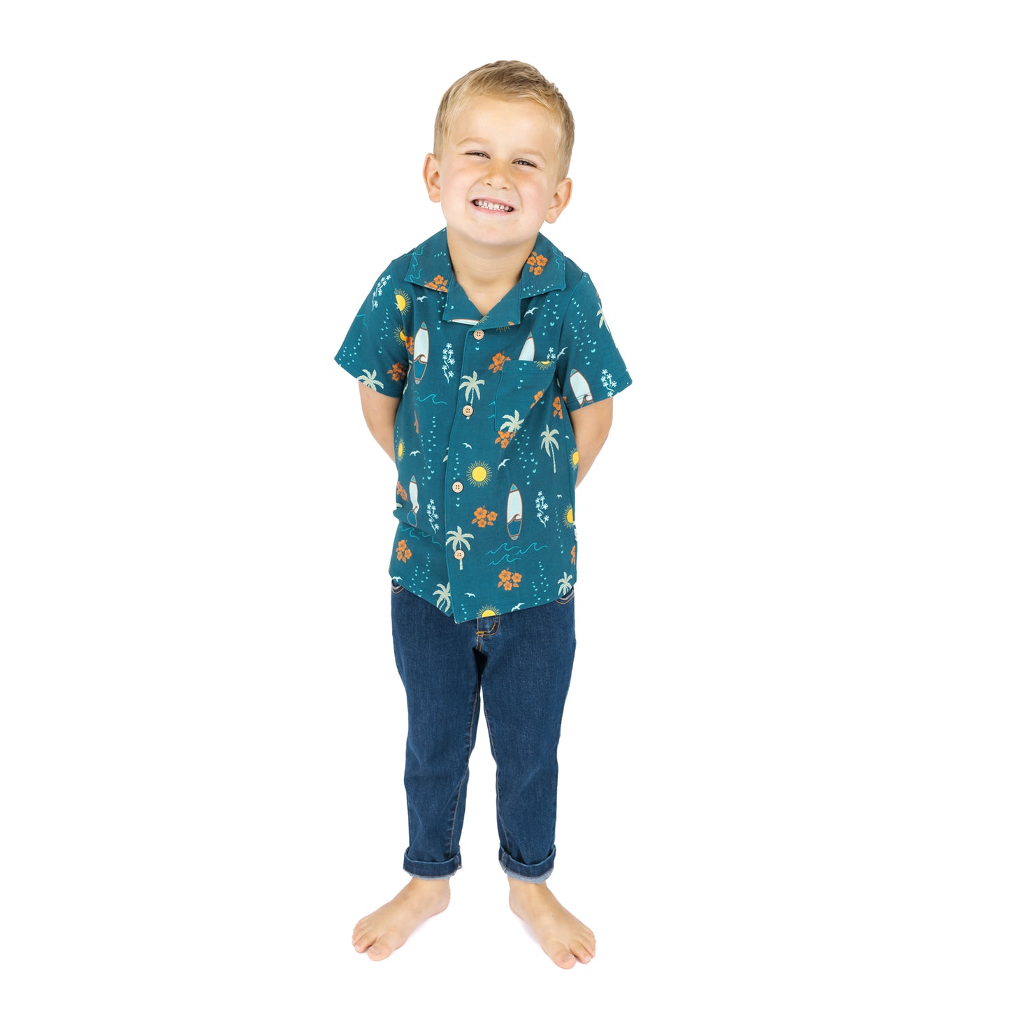 Boy wearing Surf’s Up button down shirt with jeans full outfit