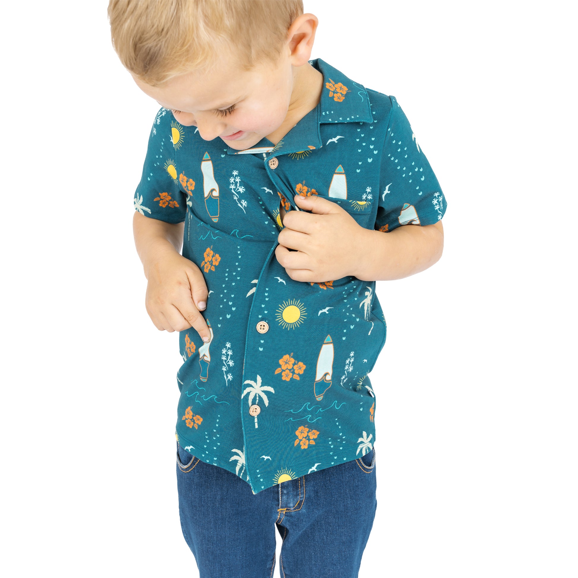 Close-up of Surf’s Up boys button down shirt with collar and buttons