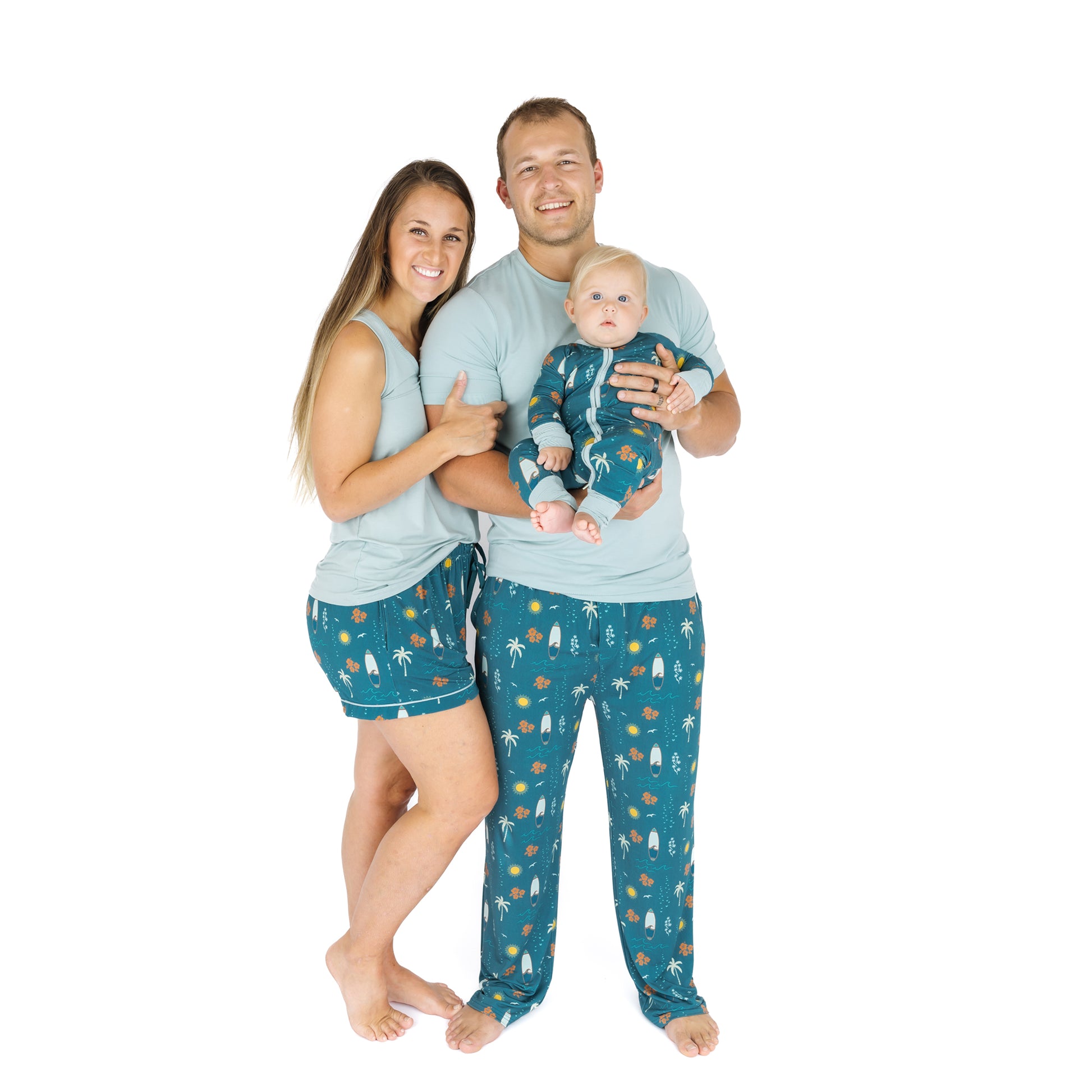 Family wearing matching Surf’s Up bamboo pajamas