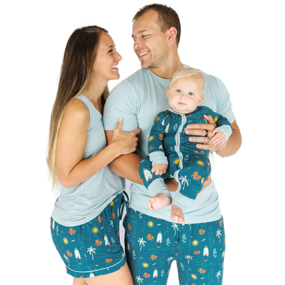 Family wearing matching Surf’s Up bamboo pajamas