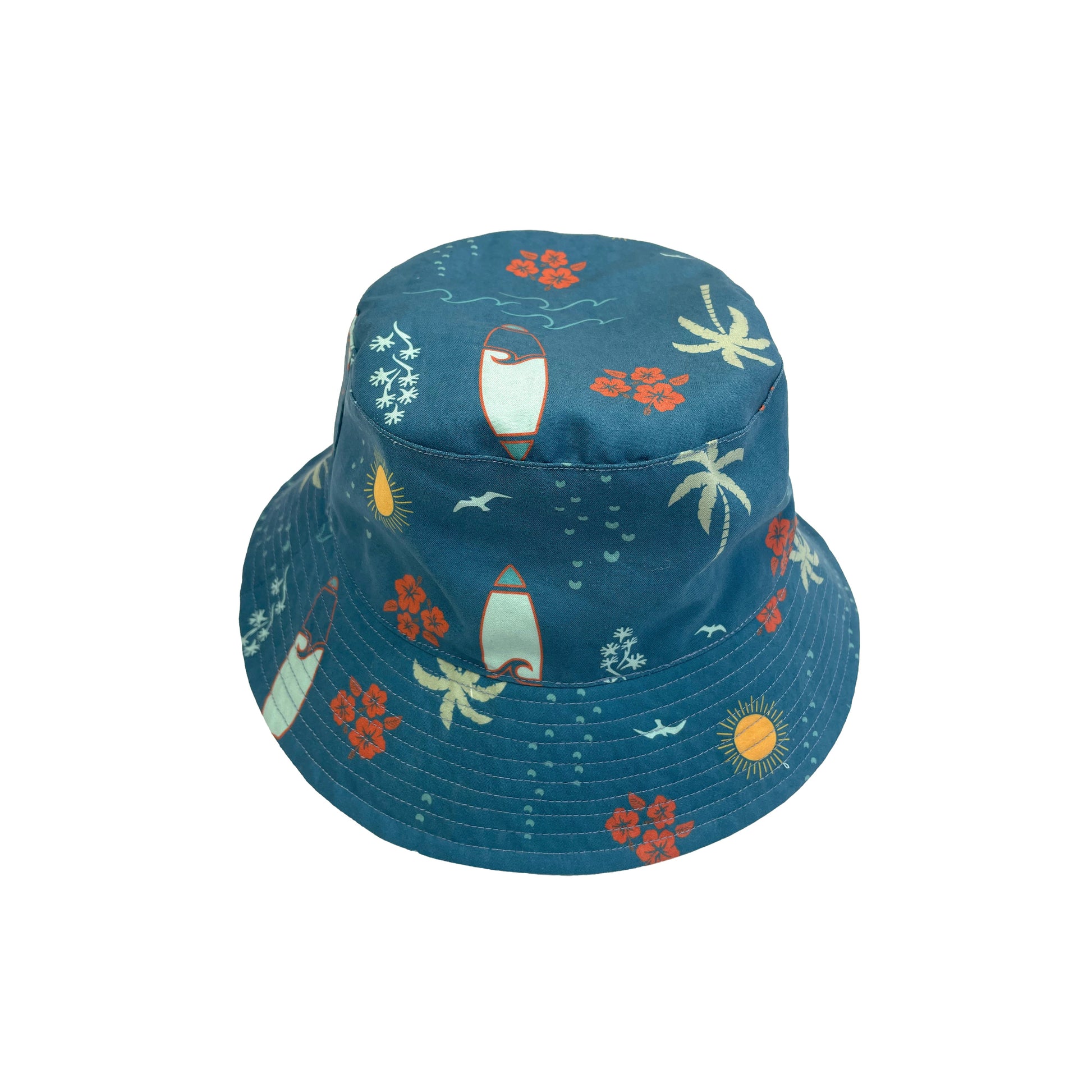 Surf’s Up reversible bucket hat with surfboards and palm trees
