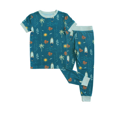 Surf’s Up bamboo kids pajama set with surfboards and palm trees