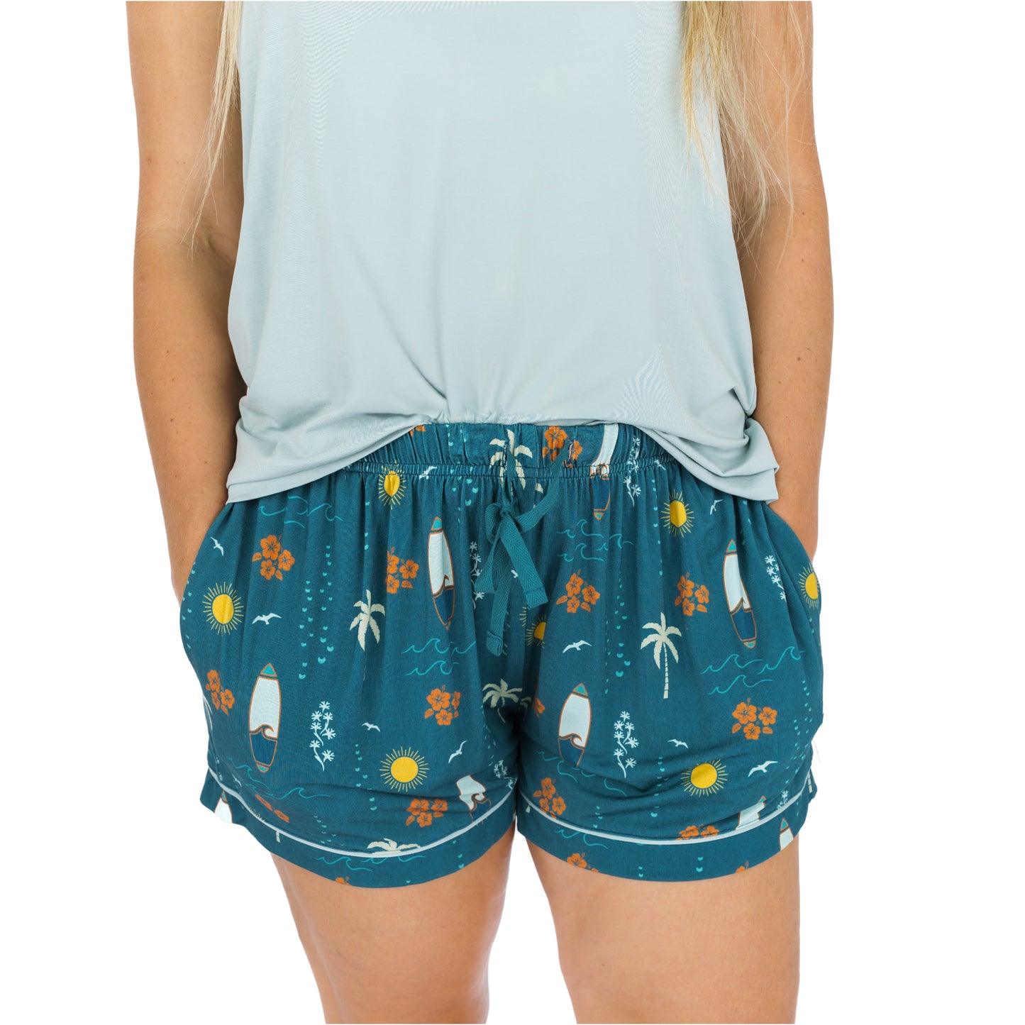 Close-up of Surf’s Up bamboo pajama shorts with drawstring waist