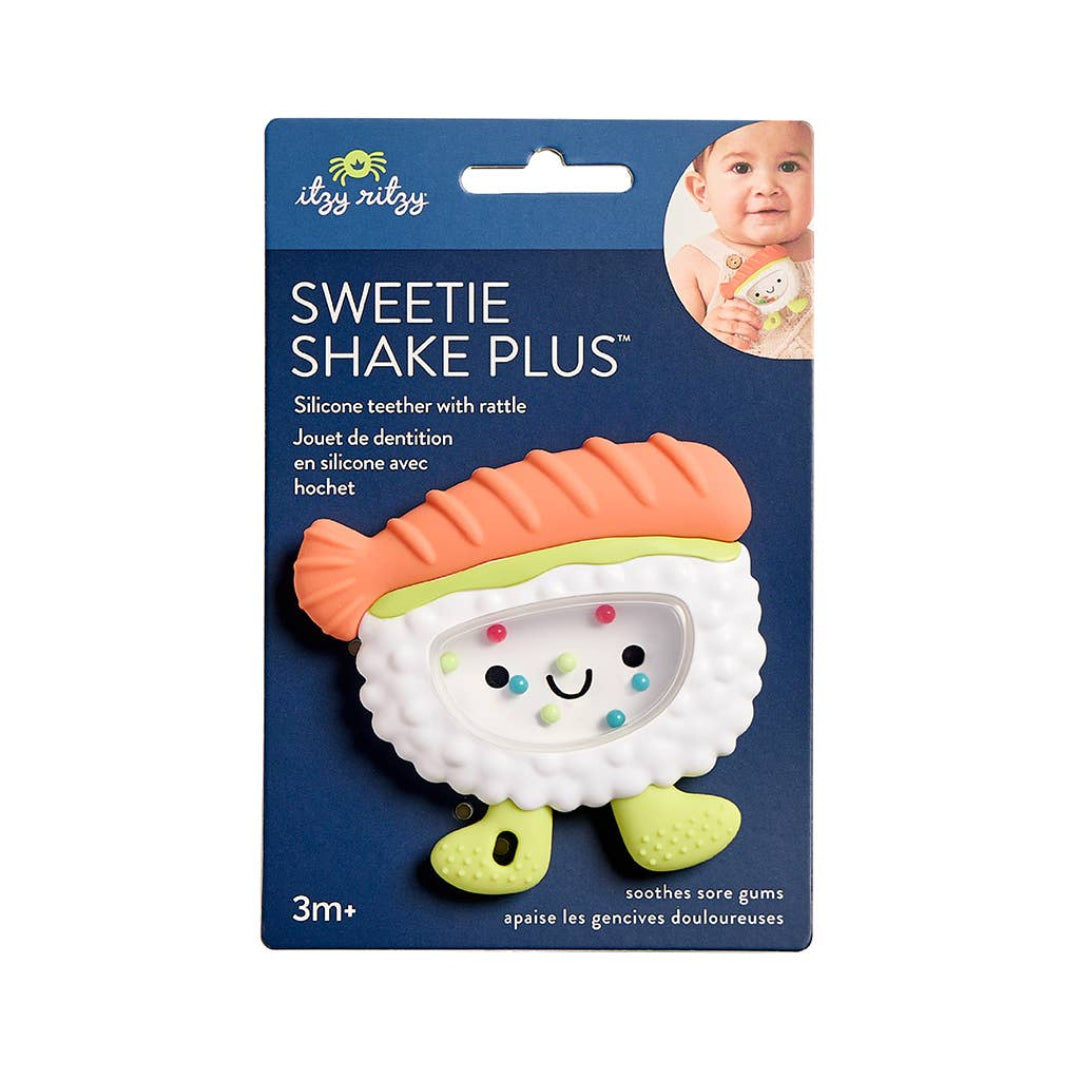 silicone teether rattle shaped like a piece of sushi