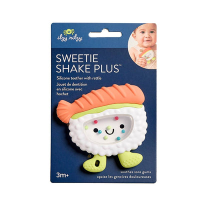 silicone teether rattle shaped like a piece of sushi