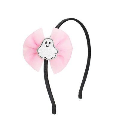 Black sparkly headband with a big tulle bow attached and a white ghost in the middle of the bow.