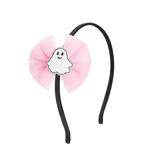 Black sparkly headband with a big tulle bow attached and a white ghost in the middle of the bow.