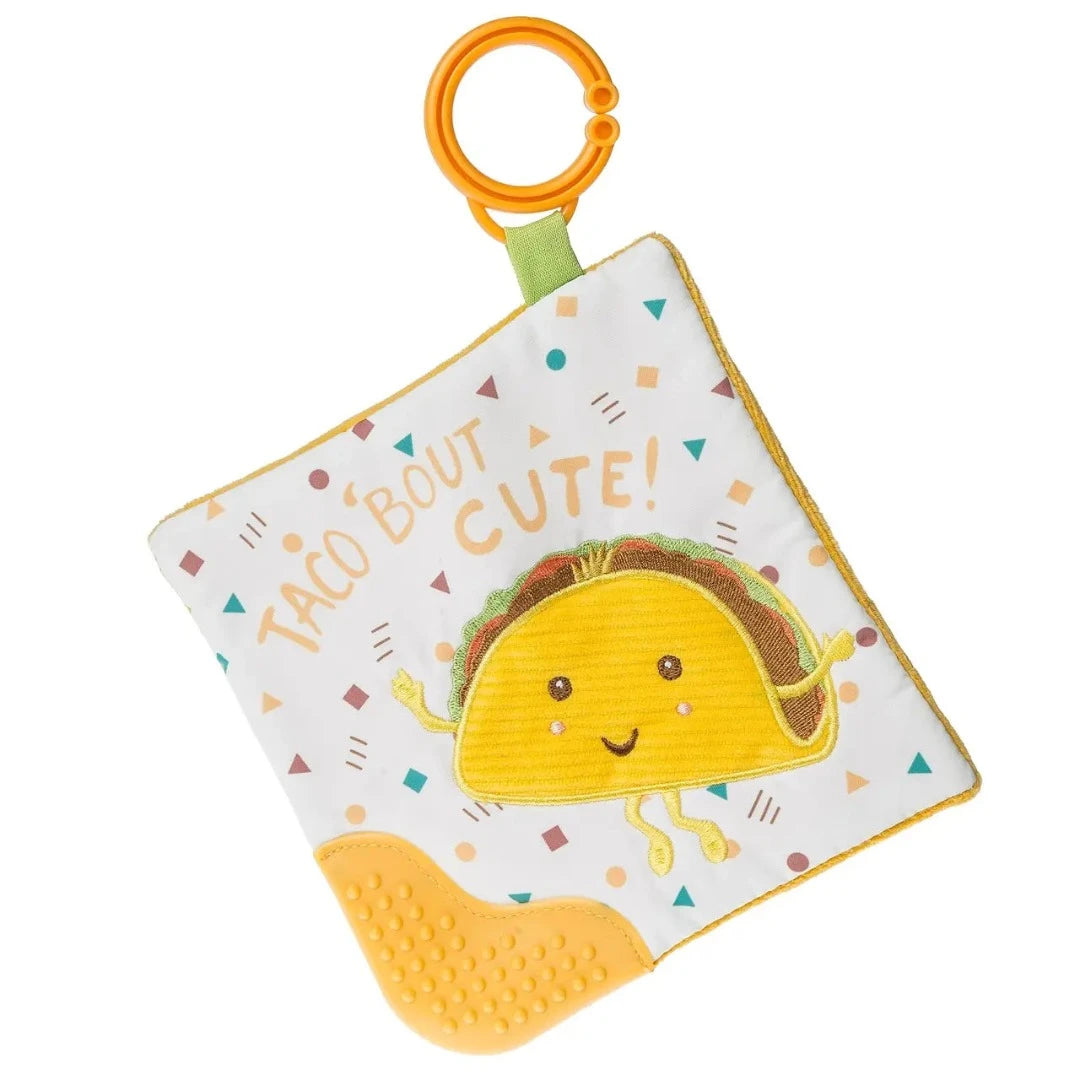 Colorful crinkle baby toy with a happy taco on it