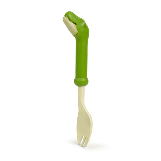 Green and yellow t-rex shaped spork