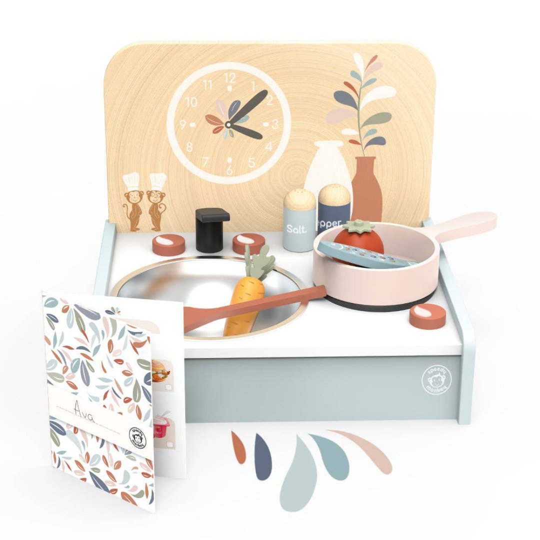 kids wooden play kitchen with accessories