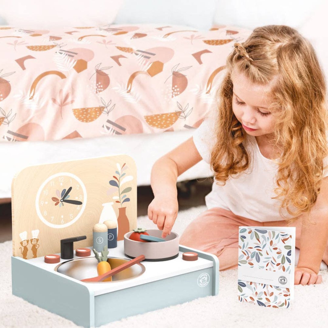 kids wooden play kitchen with accessories