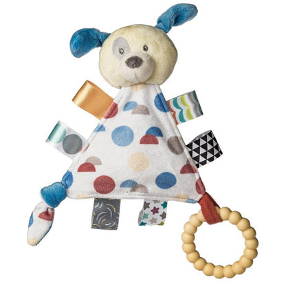 plush puppy head with a triangle body with taggies along the edge with a teether ring on the bottom