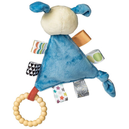 plush puppy head with a triangle body with taggies along the edge with a teether ring on the bottom