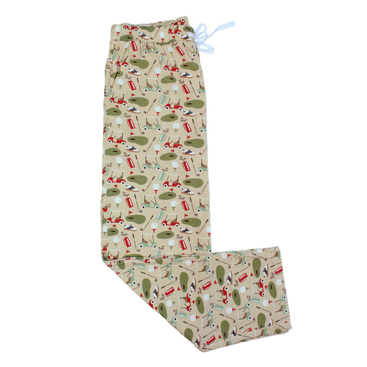 Folded pajama pants with a golf-themed pattern on a beige background