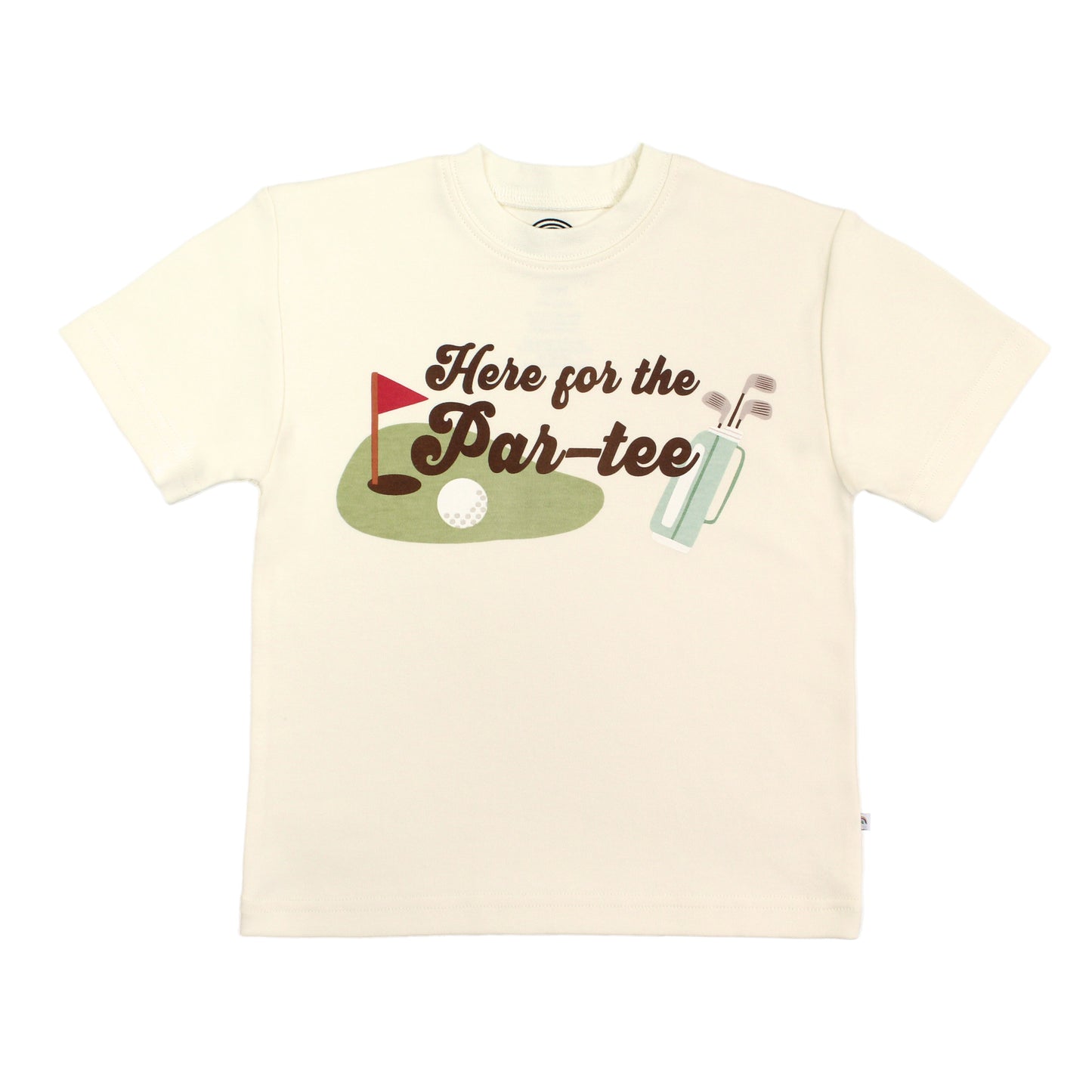 Beige t-shirt with golf-themed graphic and text 'Here for the Par-tee' on a white background