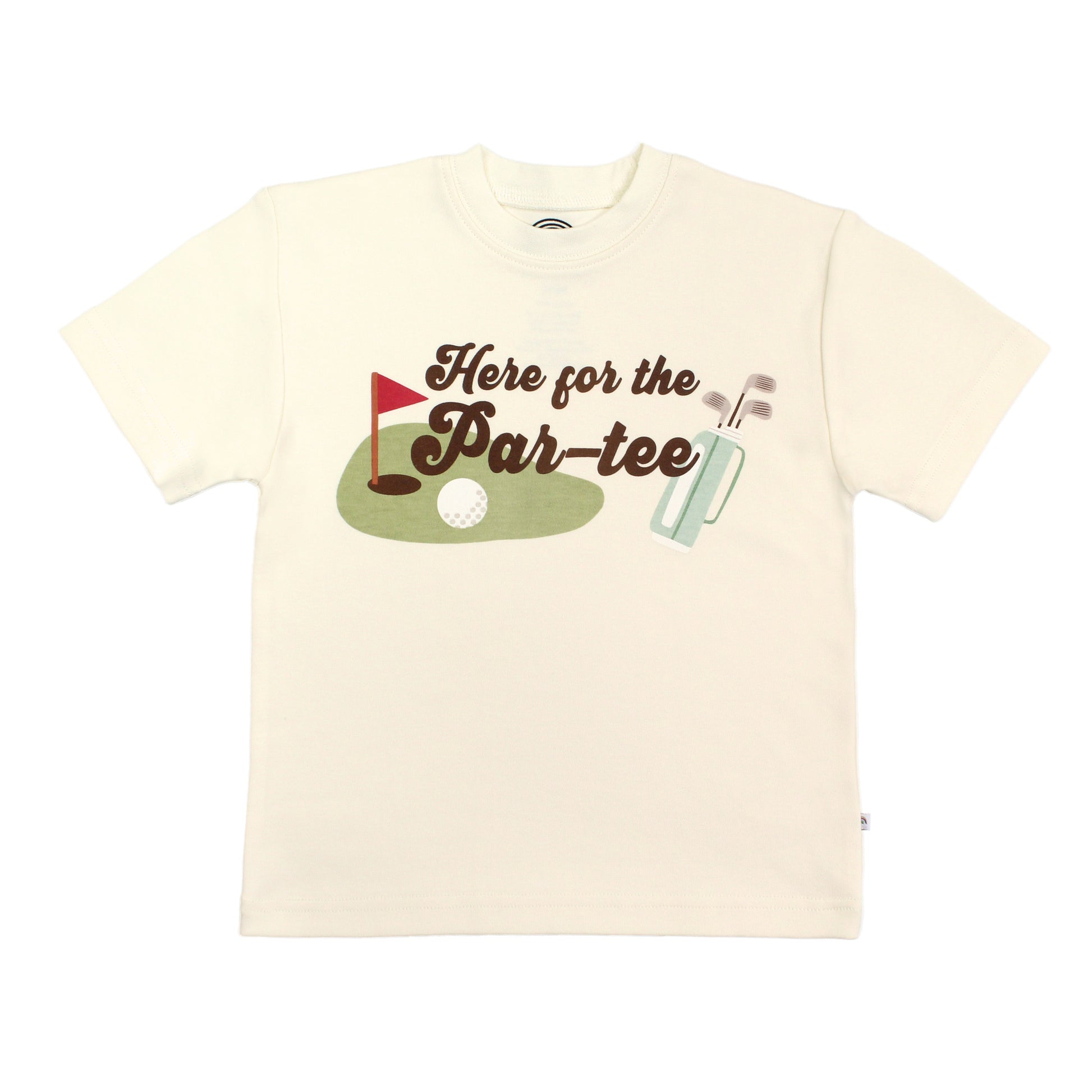 Beige t-shirt with golf-themed graphic and text 'Here for the Par-tee' on a white background