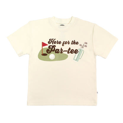 Beige t-shirt with golf-themed graphic and text 'Here for the Par-tee' on a white background