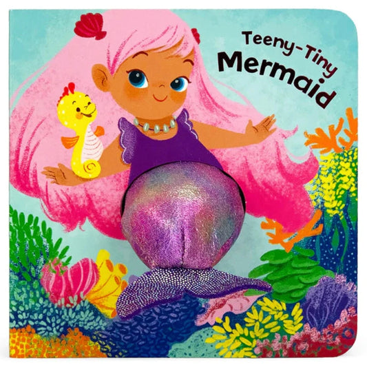 Multi-colored board book with an underwater mermaid scene and a purple mermaid tail finger puppet
